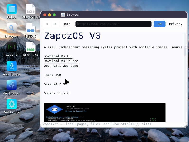 ZapczOS V4 browser viewing the Zapcz website
