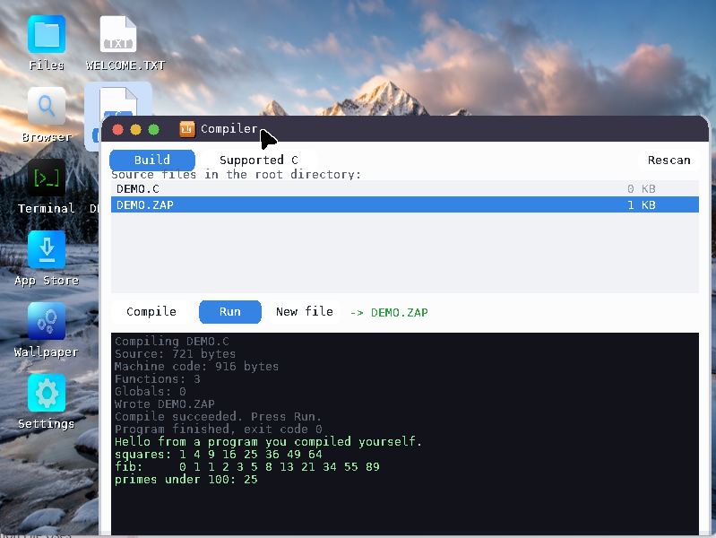 ZapczOS V4 compiler window running a compiled program